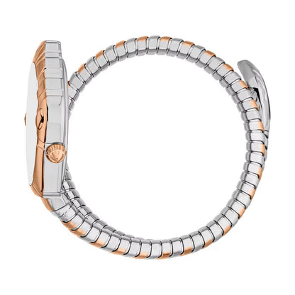 Two-tone watch with silver and rose gold band on a white background