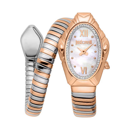 Two watches with rose gold and silver band design on a white background
