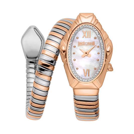 Two watches with rose gold and silver band design on a white background