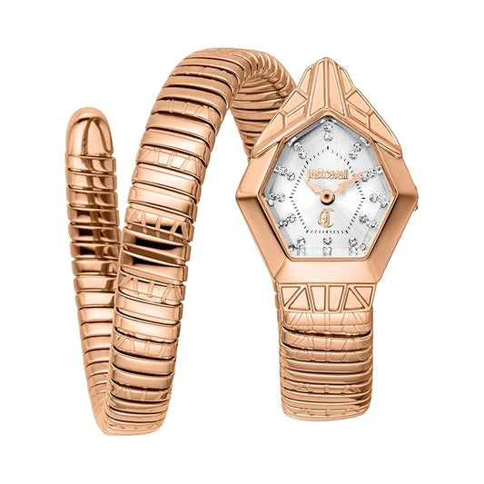 A rose gold Just Cavalli women's analog watch with a silver dial, showcasing a coiled strap and a hexagonal case design.
