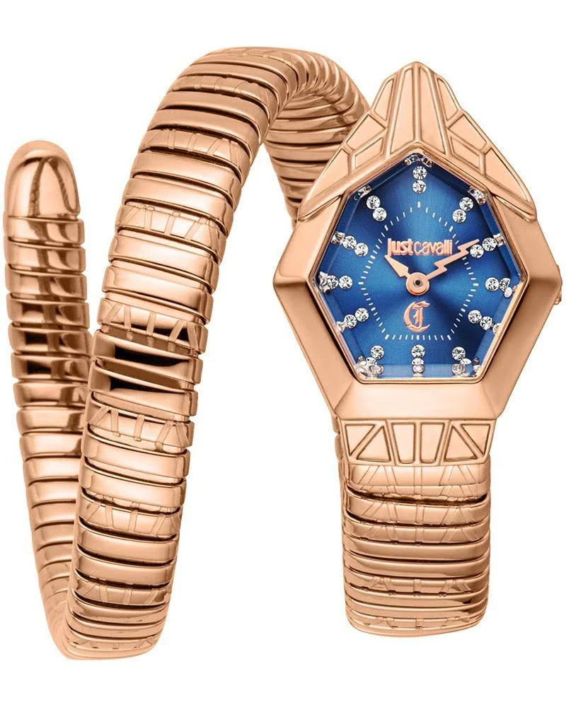 A rose gold Just Cavalli women's analog watch with a blue dial and a textured strap.