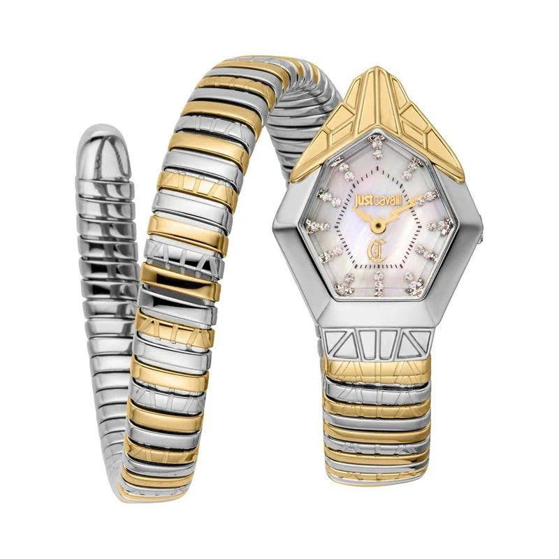 A Just Cavalli Gemma white dial analog women's watch with a silver and gold-colored stainless steel strap and a mother of pearl dial.