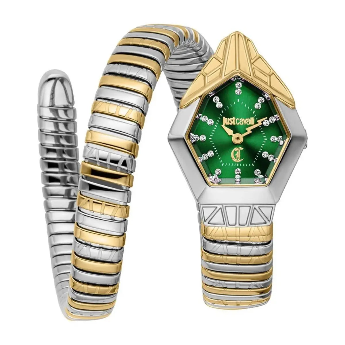 Luxury watch with green face and gold and silver band on white background