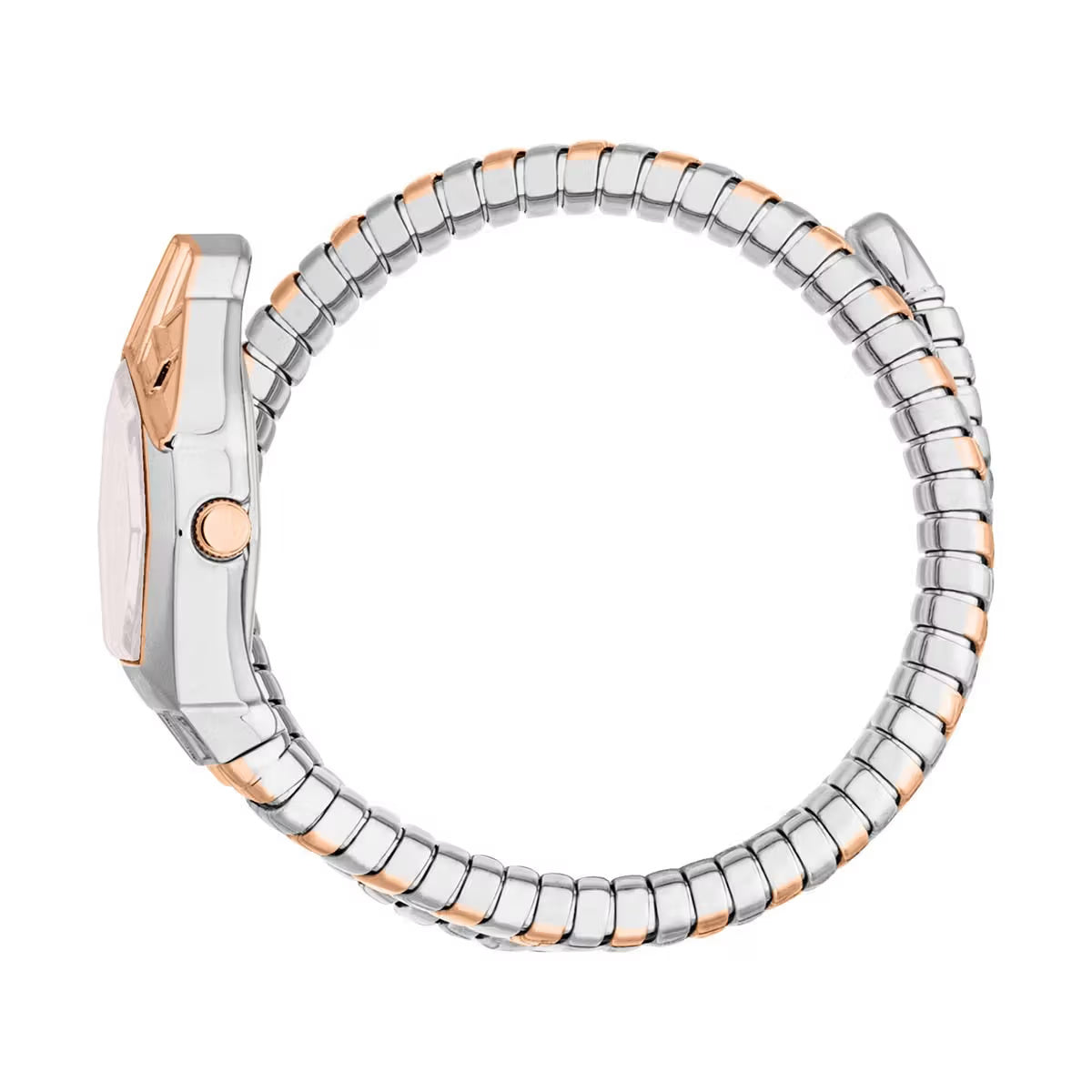 Two-tone watch with silver and rose gold band on a white background