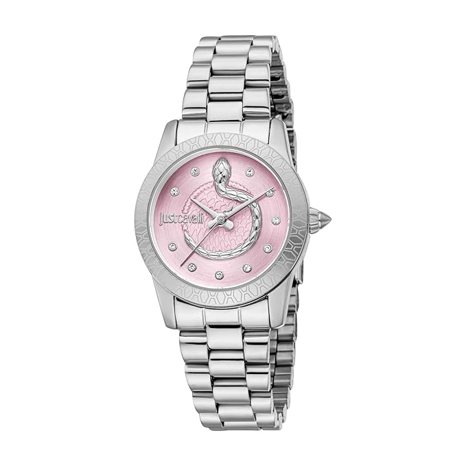 A women's analog watch with a pink dial and a silver stainless steel bracelet, from the Just Cavalli Eterna collection.