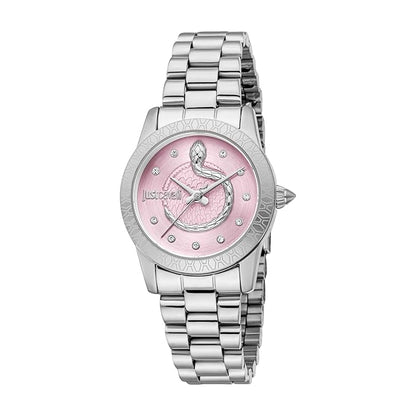 A women's analog watch with a pink dial and a silver stainless steel bracelet, from the Just Cavalli Eterna collection.