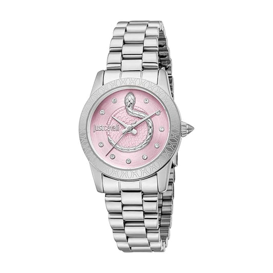 A women's analog watch with a pink dial and a silver stainless steel bracelet, from the Just Cavalli Eterna collection.