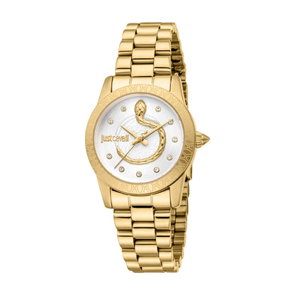 A women's analog watch with a silver dial and a gold stainless steel bracelet, with the brand 'Just Cavalli' visible on the dial.