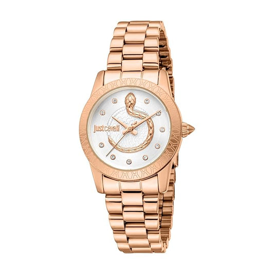 A rose gold Just Cavalli women's analog watch with a silver dial, featuring a stainless steel strap and minimalist design.