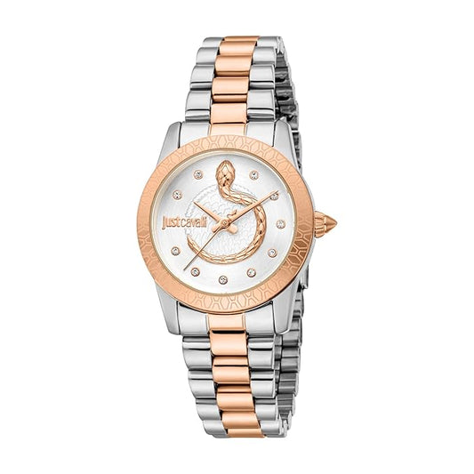 A Just Cavalli Eterna analog women's watch with a silver dial and a two-tone stainless steel strap, featuring rose gold accents.