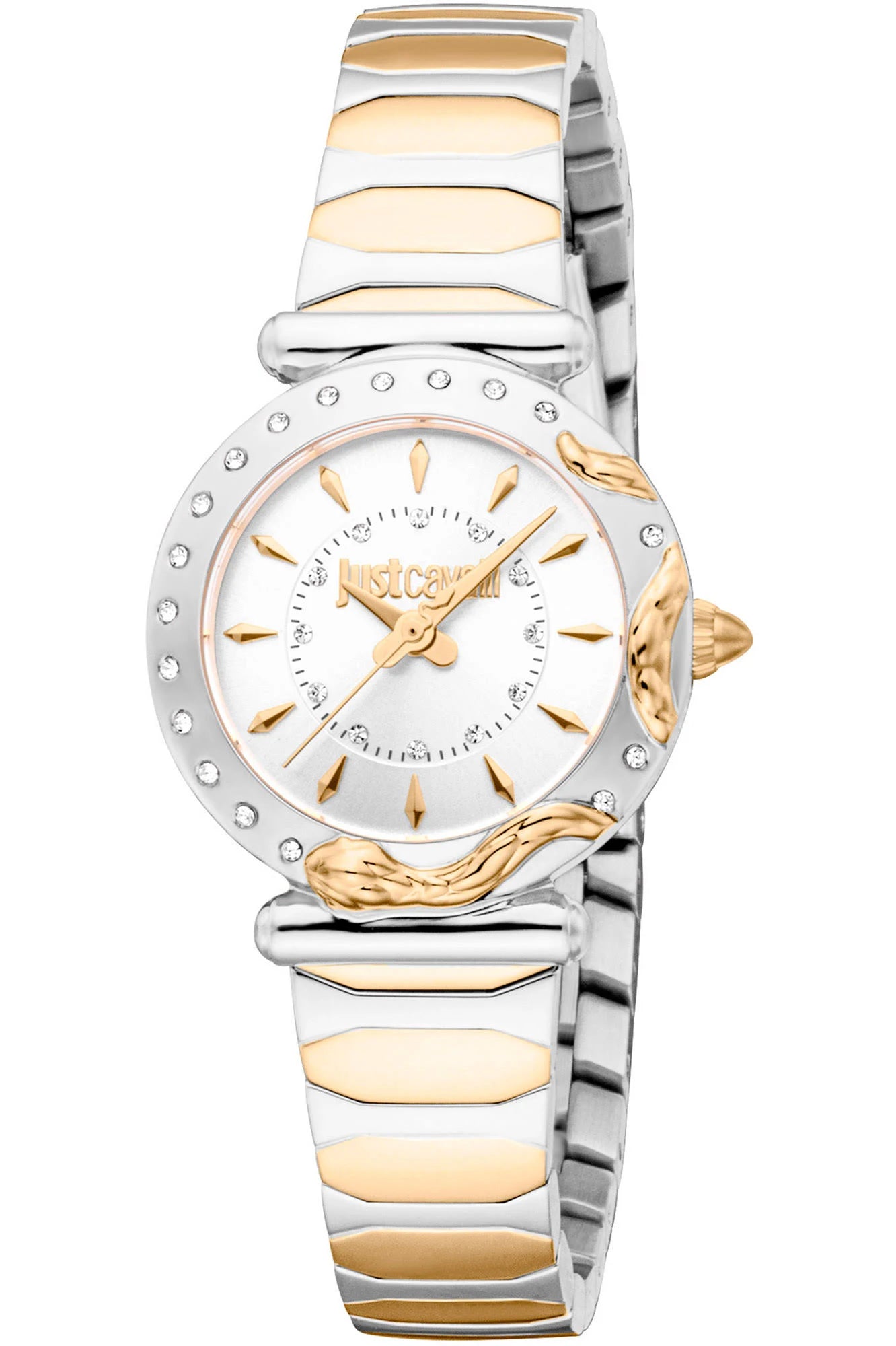 A women's analog watch with a silver round dial and a stainless steel strap featuring silver and gold hues. The watch has a classic three-hand display and is equipped with a push-button clasp.