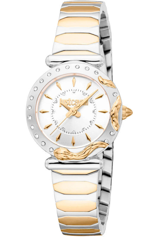 A women's analog watch with a silver round dial and a stainless steel strap featuring silver and gold hues. The watch has a classic three-hand display and is equipped with a push-button clasp.