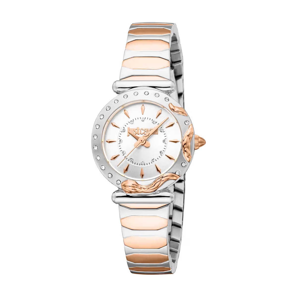 Two-tone watch with silver and rose gold band on a white background