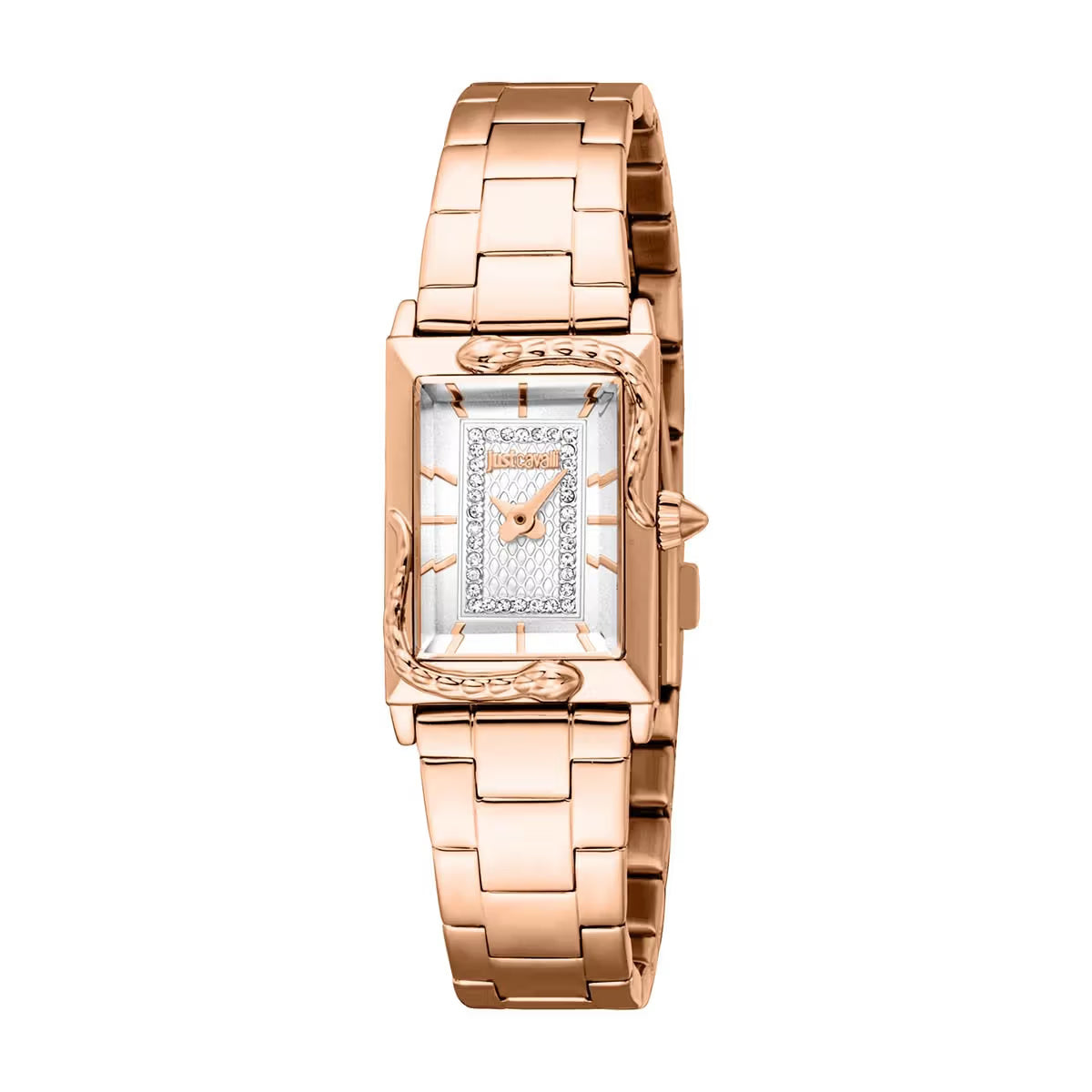 Rose gold watch with a diamond-studded face on a white background