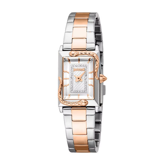 Two-tone watch with rose gold and silver band on a white background