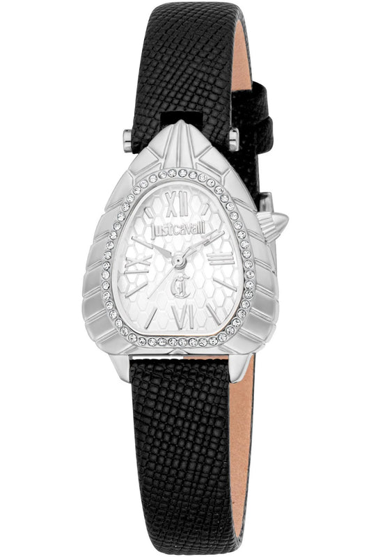 A women's analog watch with a silver round dial and a black textured strap, featuring a classic three-hand display and a push-button clasp.