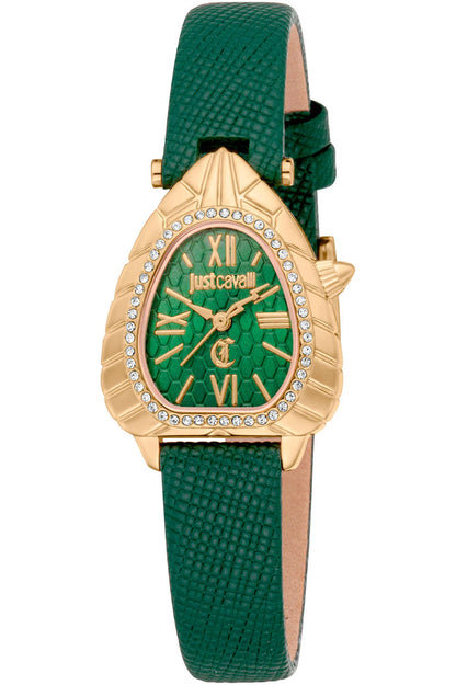 A Just Cavalli Perla women's analog watch with a vibrant green dial and a green synthetic leather strap, featuring a gold case with diamond-like accents on the bezel.