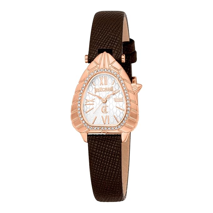 A Just Cavalli Perla women's analog watch with a silver dial and a brown synthetic leather strap, featuring a buckle clasp.
