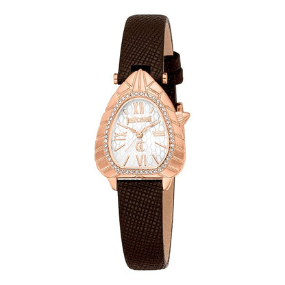 A Just Cavalli Perla women's analog watch with a silver dial and a brown synthetic leather strap, featuring a buckle clasp.