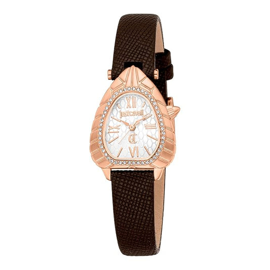 A Just Cavalli Perla women's analog watch with a silver dial and a brown synthetic leather strap, featuring a buckle clasp.