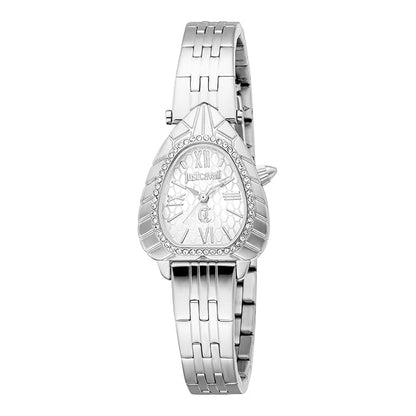 A silver Just Cavalli women's analog watch with a dial protected by mineral glass, a three-hand display, and a stainless steel strap.