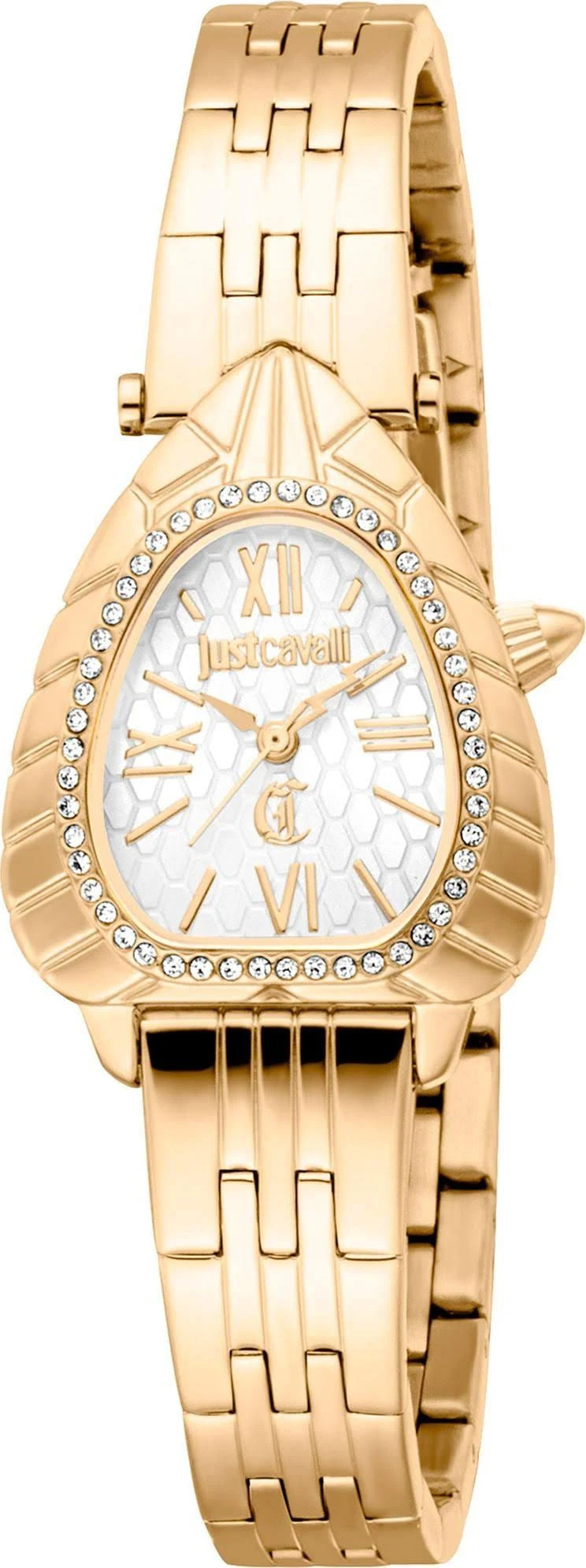 A women's Just Cavalli analog watch with a silver dial and a gold stainless steel strap, featuring a push-button clasp.