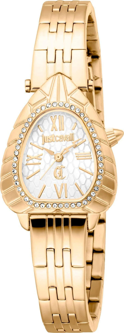 A women's Just Cavalli analog watch with a silver dial and a gold stainless steel strap, featuring a push-button clasp.