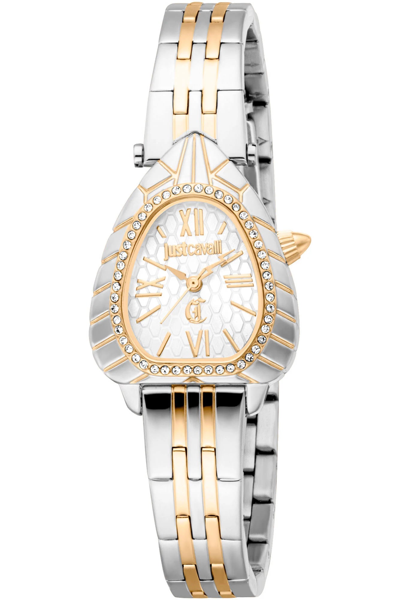 A Just Cavalli women's watch with a silver dial and stainless steel band, featuring gold accents and a branded dial.
