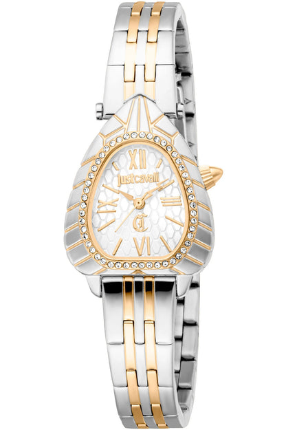 A Just Cavalli women's watch with a silver dial and stainless steel band, featuring gold accents and a branded dial.