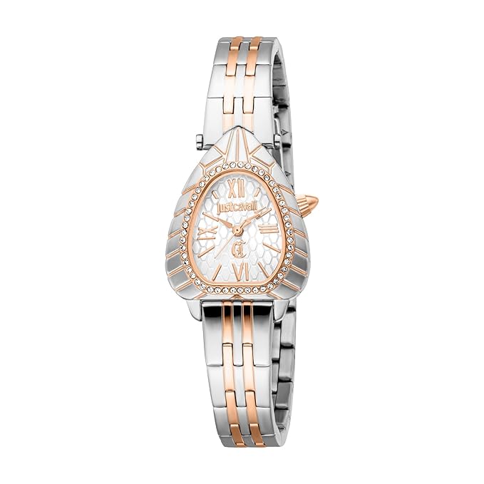 A Just Cavalli Perla analog watch for women featuring a silver asymmetrical dial with rose gold accents, protected by mineral glass, displayed on a stainless steel strap with silver and rose gold tones.