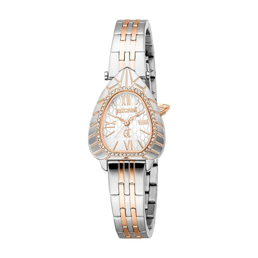 A Just Cavalli Perla analog watch for women featuring a silver asymmetrical dial with rose gold accents, protected by mineral glass, displayed on a stainless steel strap with silver and rose gold tones.