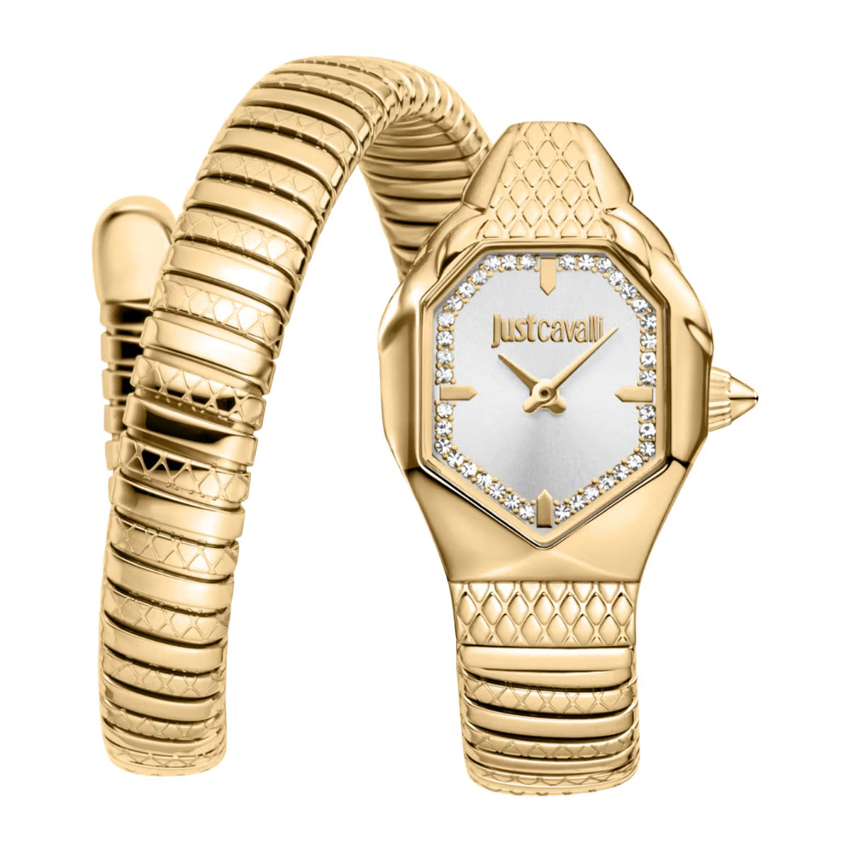 Gold watch with a textured band on a white background