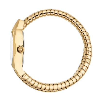 Gold watch with a beaded band on a white background