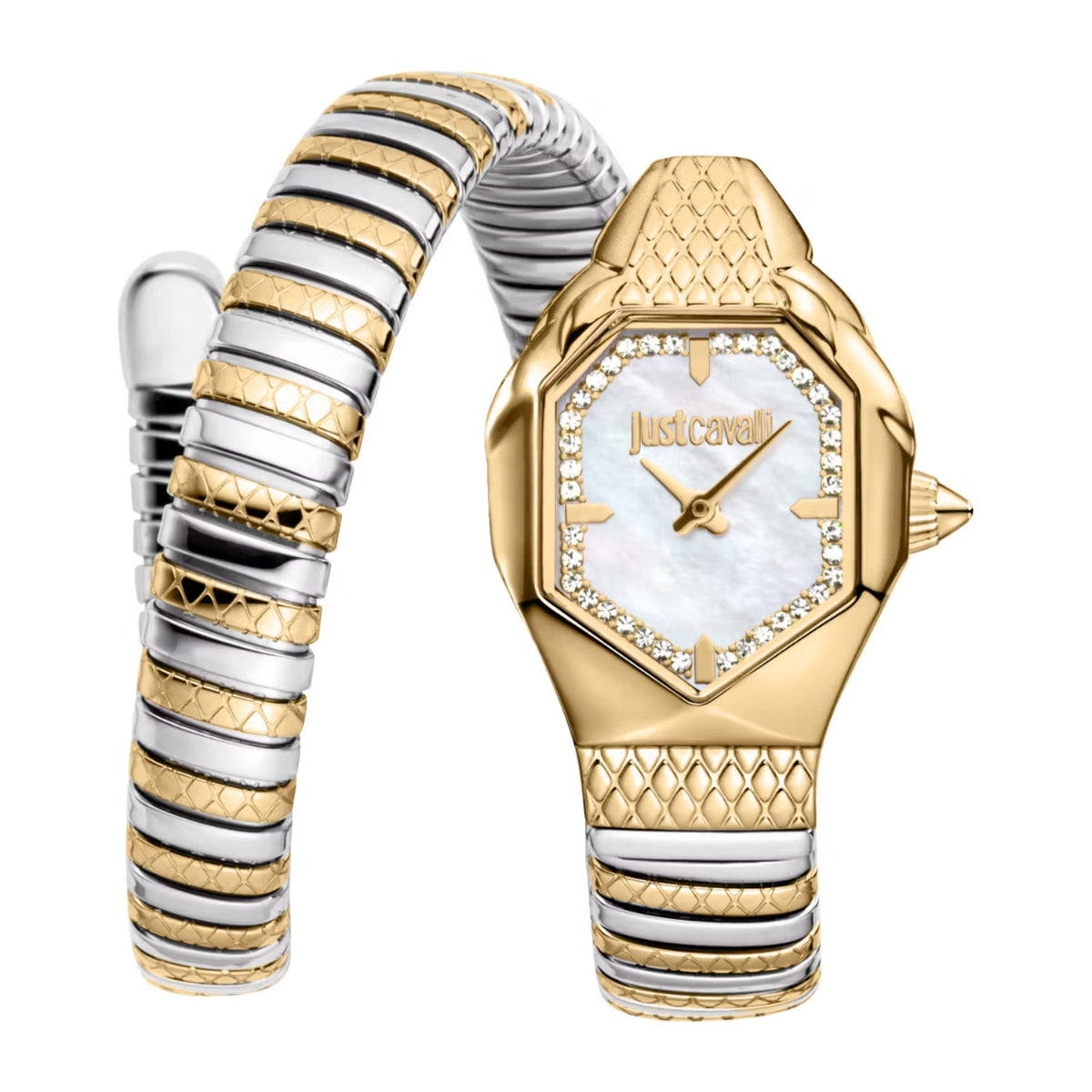 Gold and silver watch with a decorative band on a white background