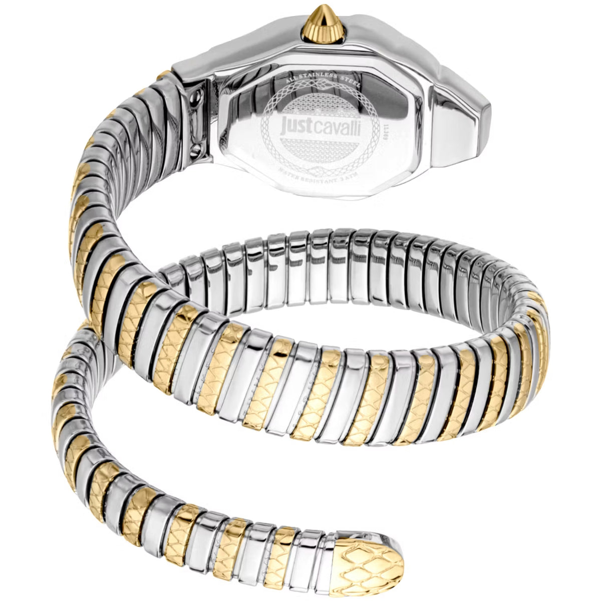 Two-tone watch with silver and gold band on a white background