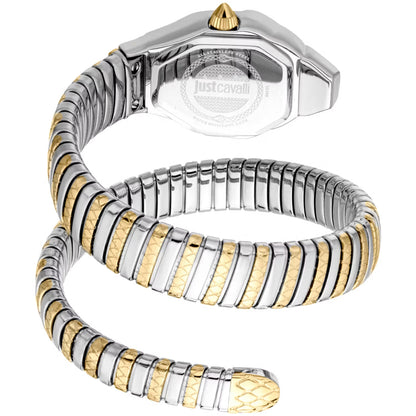 Two-tone watch with silver and gold band on a white background