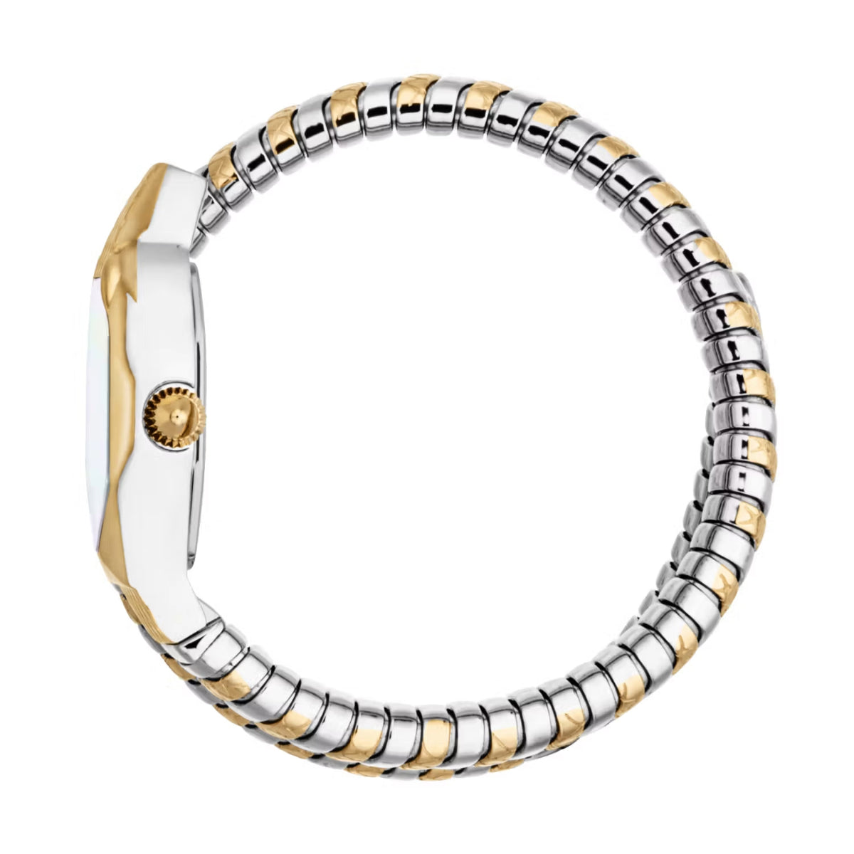 Two-tone watch with silver and gold band on a white background