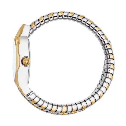 Two-tone watch with silver and gold band on a white background