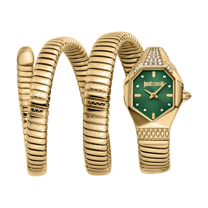 Gold watch with green face and matching bracelet on a white background