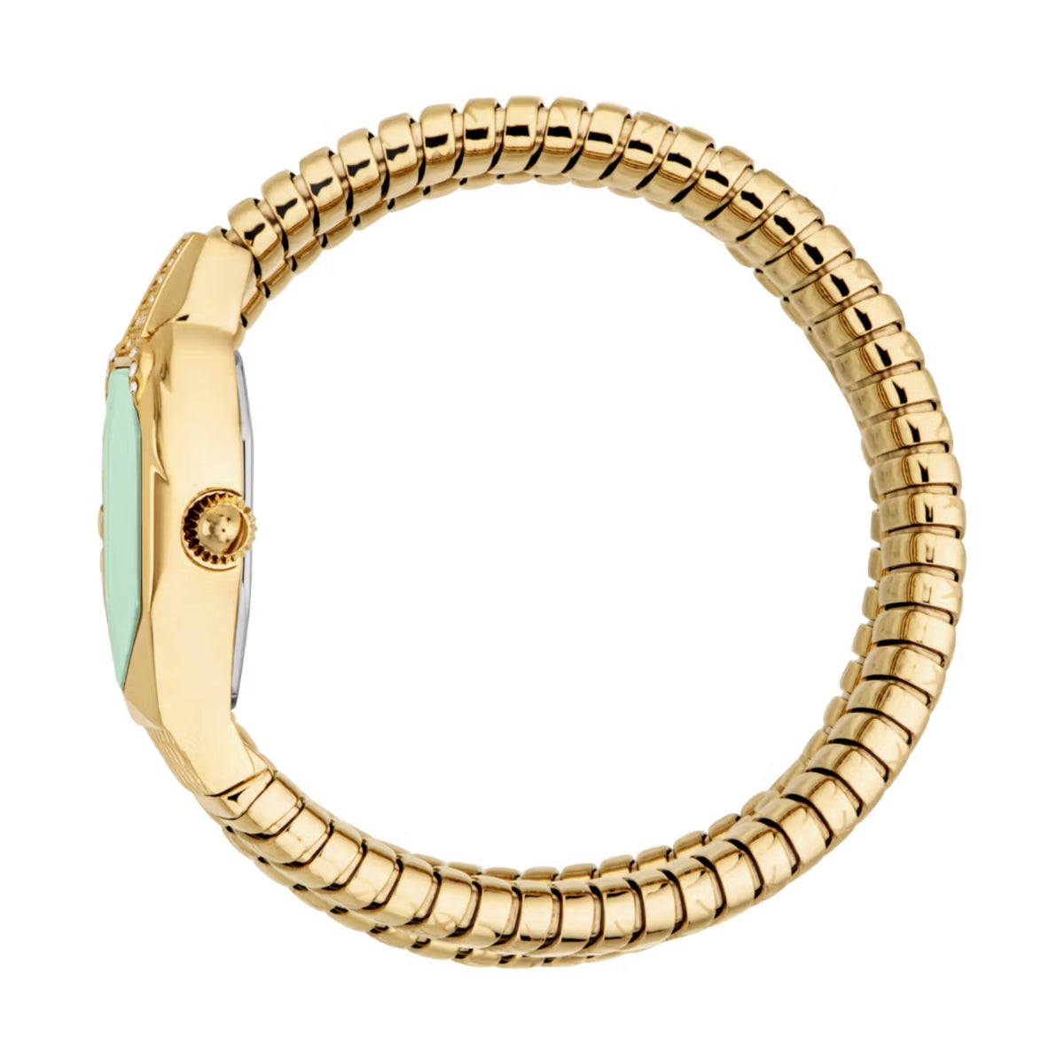 Gold bracelet with a light green gemstone on a white background