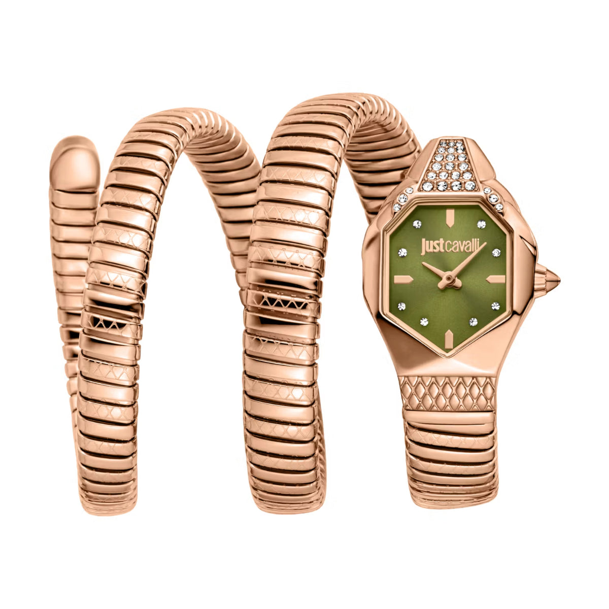 Rose gold watch with green face and matching bracelet on a white background