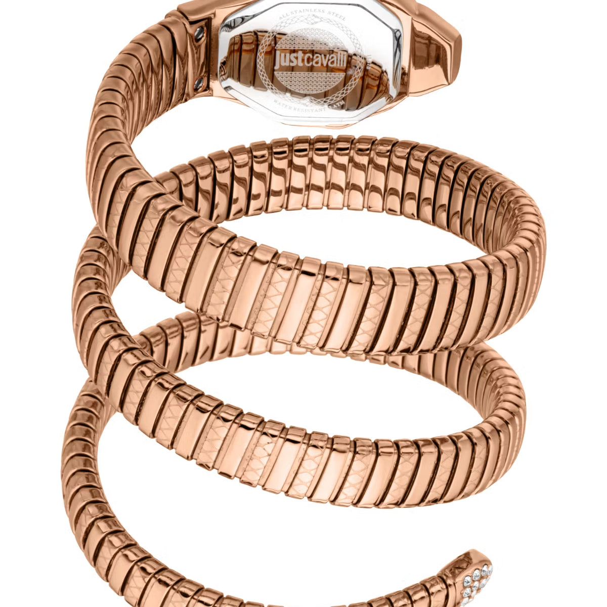 Rose gold snake-patterned bracelet with 'Just Cavalli' clasp on a white background