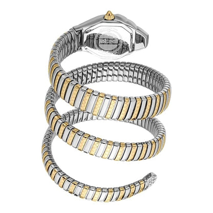 Two-toned snake-shaped bracelet with Just Cavalli branding on a white background