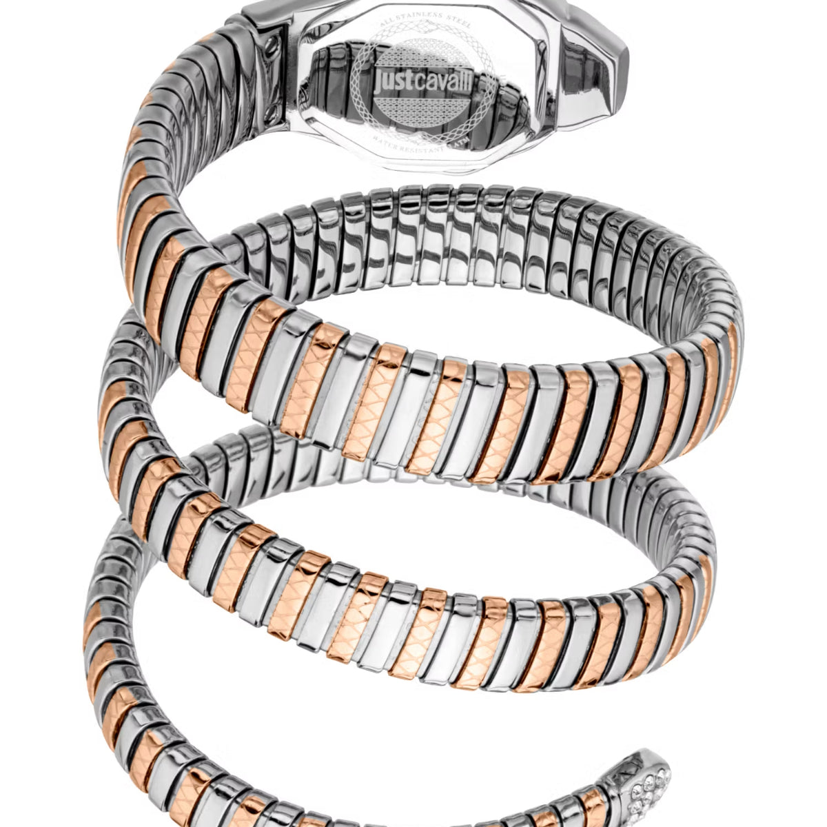 Two-toned snake-shaped bracelet with 'justcavalli' clasp on a white background