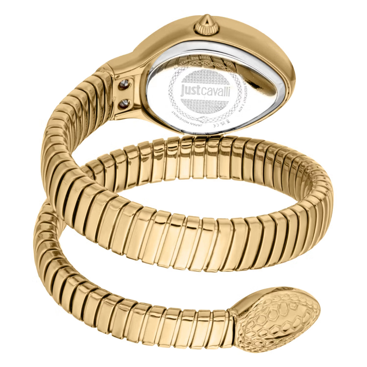 Gold watch with snake-like design on a white background