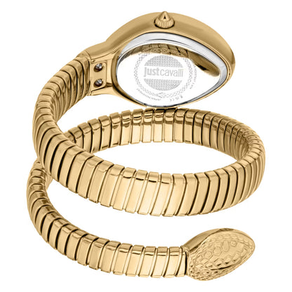 Gold watch with snake-like design on a white background