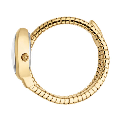 Gold watch with a snake-like band on a white background