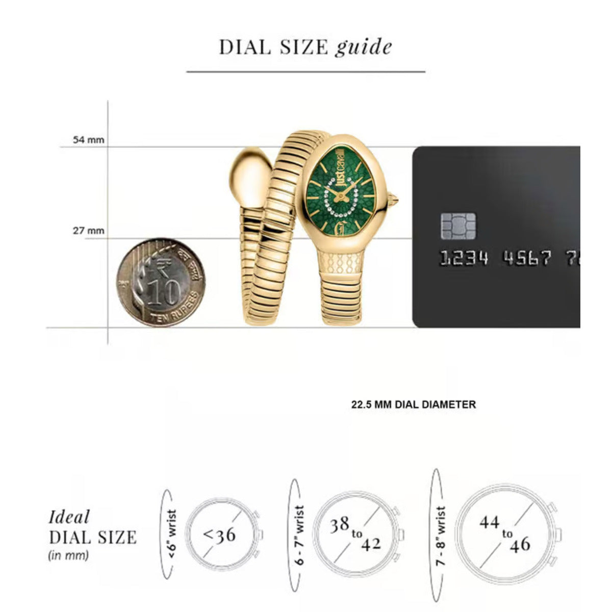 Gold watch with green face, gold bracelet, and black card on a white background with dial size guide.