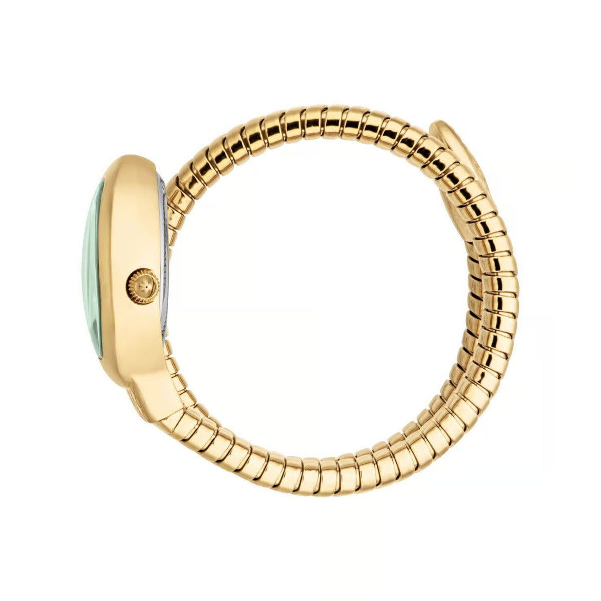 Gold ring with a green gemstone on a white background