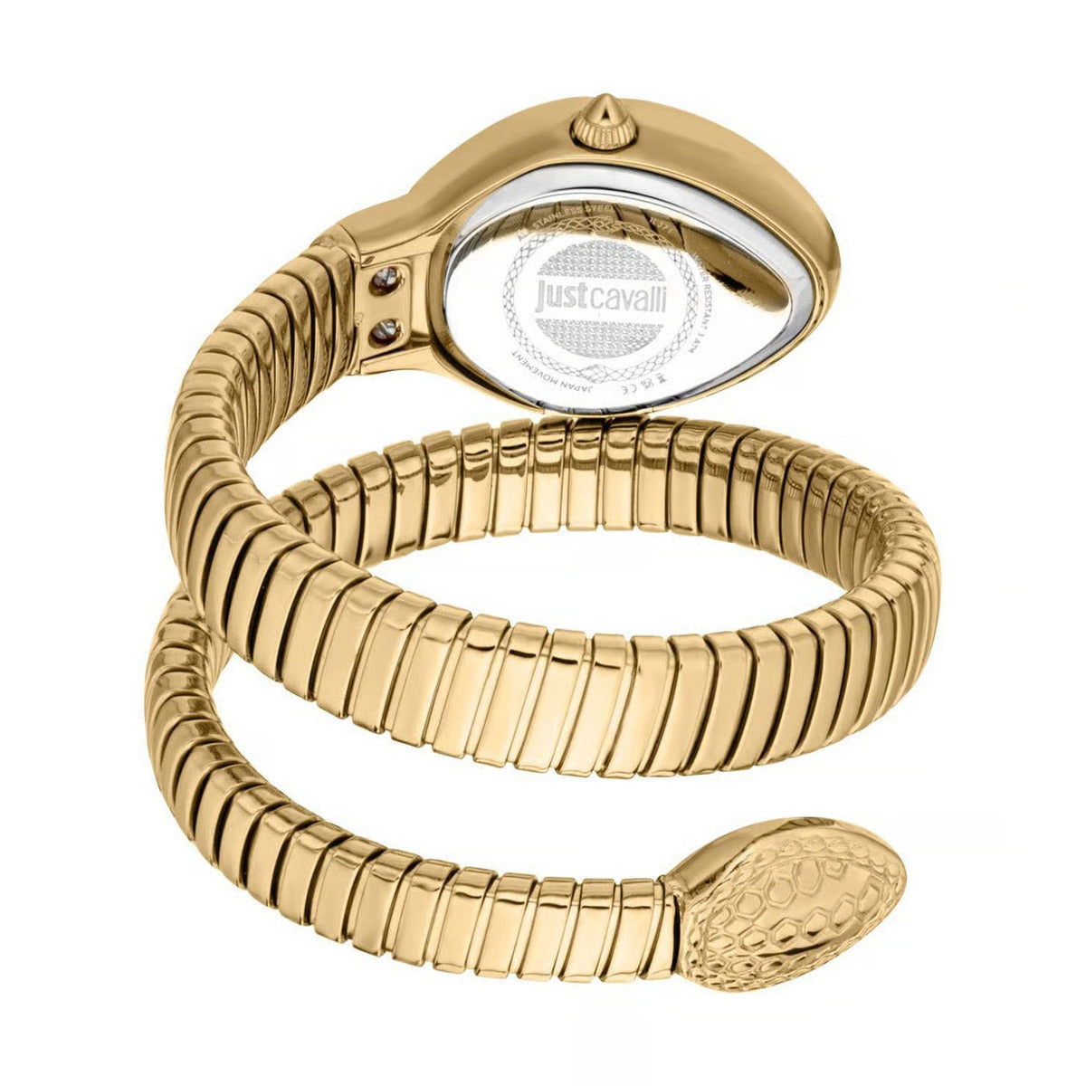 Gold snake-shaped watch with Just Cavalli logo on a white background